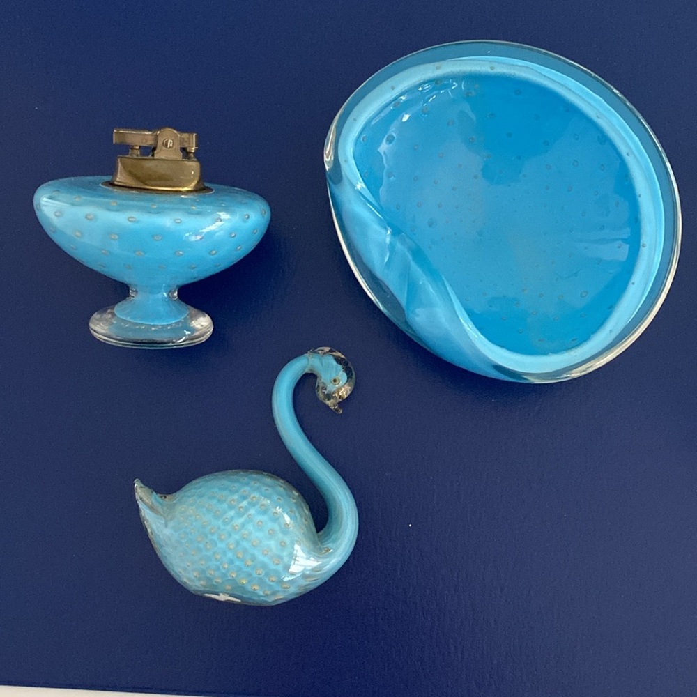 VTG Italy Alfredo Barbini MURANO GLASS Blue & Gold Leaf Ashtray & Lighter & Swan